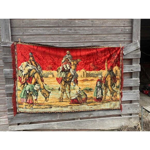 Vintage 50's Carpet Tapestry Middle Eastern Desert Camels 74x48